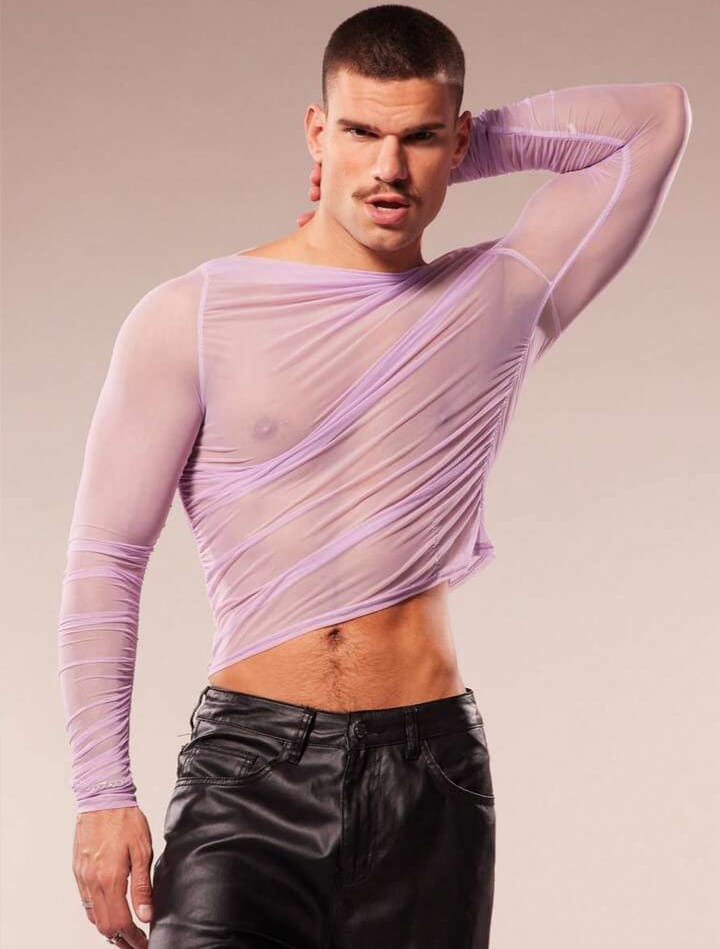 Men's Sheer Mesh V-Neck Slim Fit Cropped Tshirt
